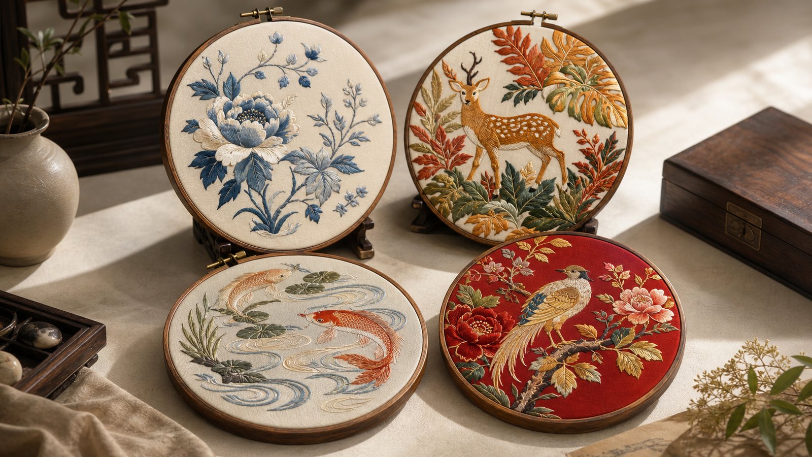 Editorial illustration of four embroidery hoops representing diverse Chinese regional traditions