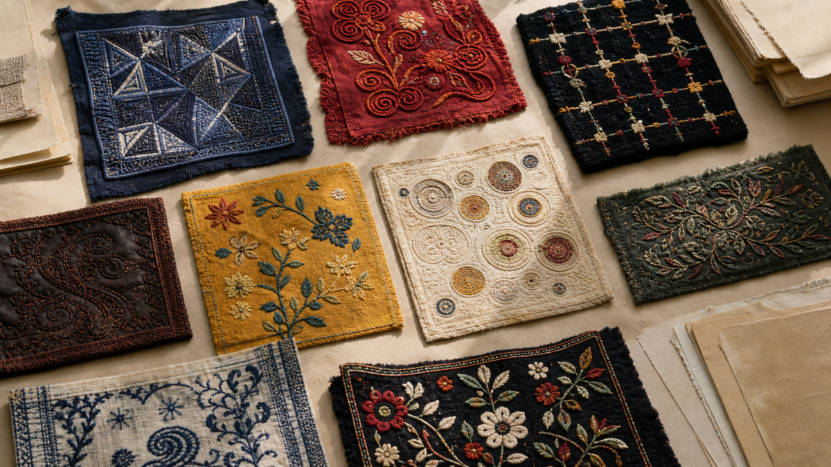 An original archival arrangement of varied textile samples suggesting material and regional diversity