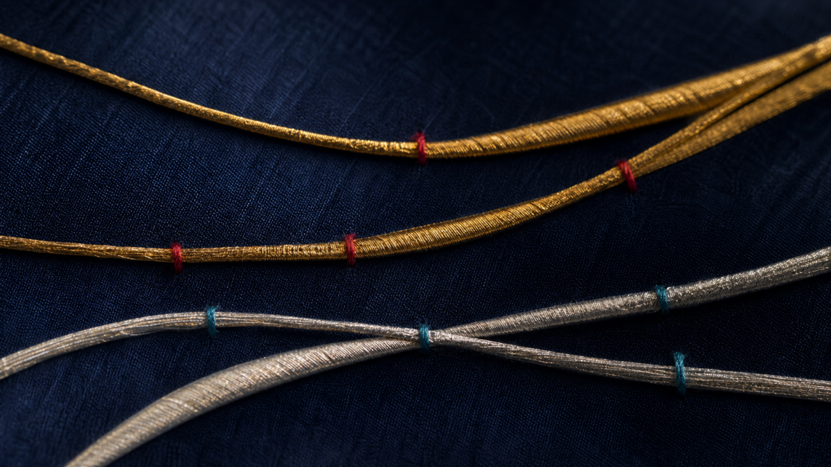 Gold and silver cords laid on indigo silk and secured with contrasting silk ties