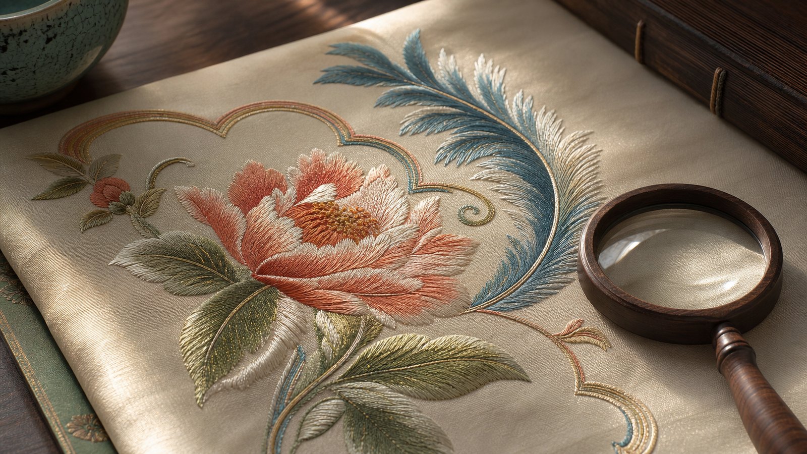 Editorial close-up of silk embroidery showing controlled thread direction, color, and sheen