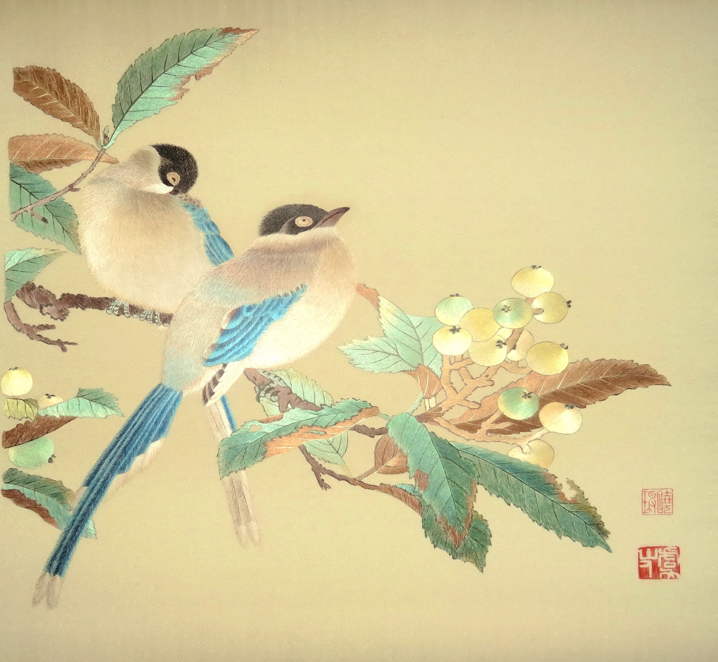 Shao Xiaocheng Song-style embroidery Blue Magpie and Loquat
