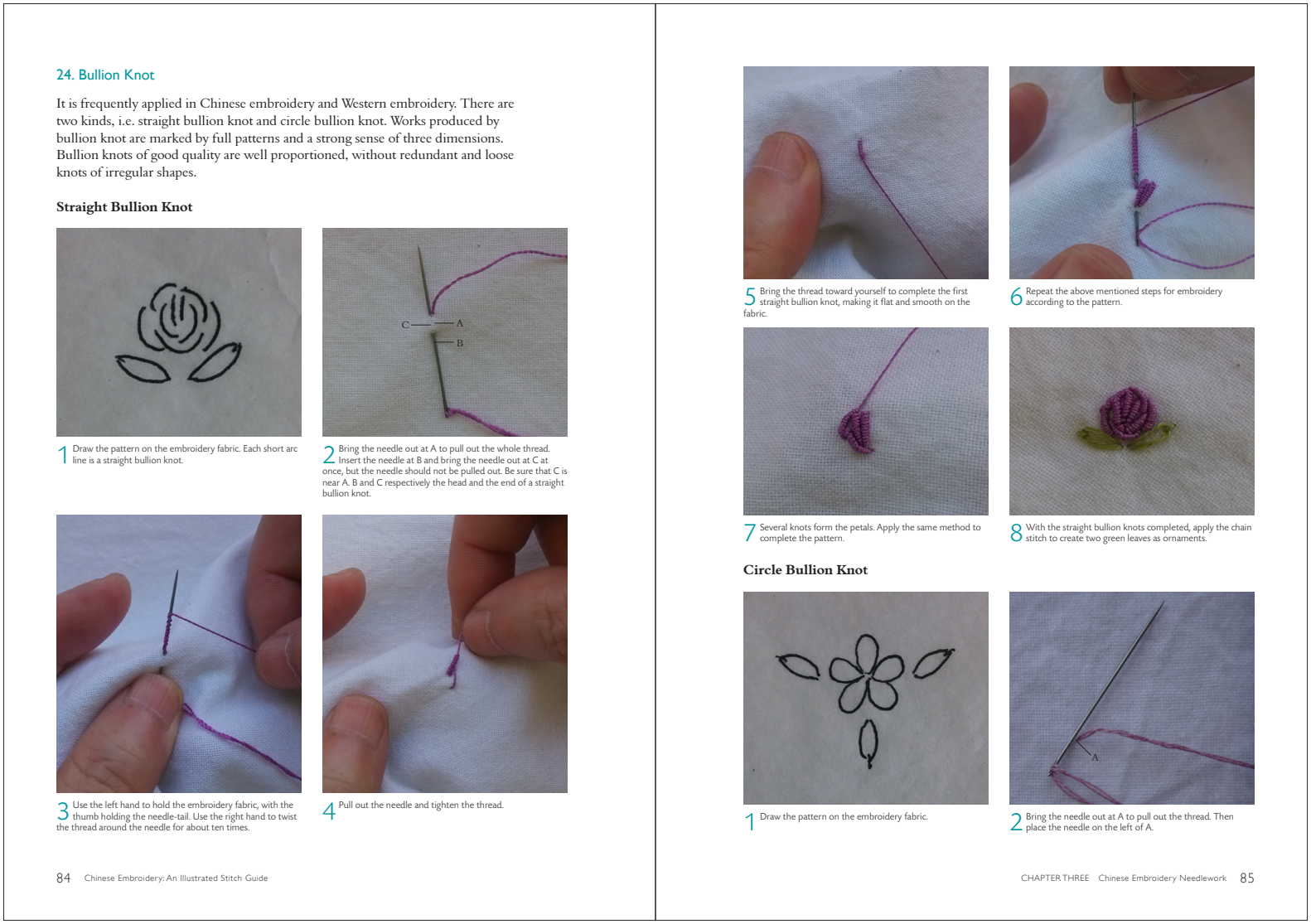 Two-page lesson showing straight and circular bullion knots with step-by-step photographs and diagrams.