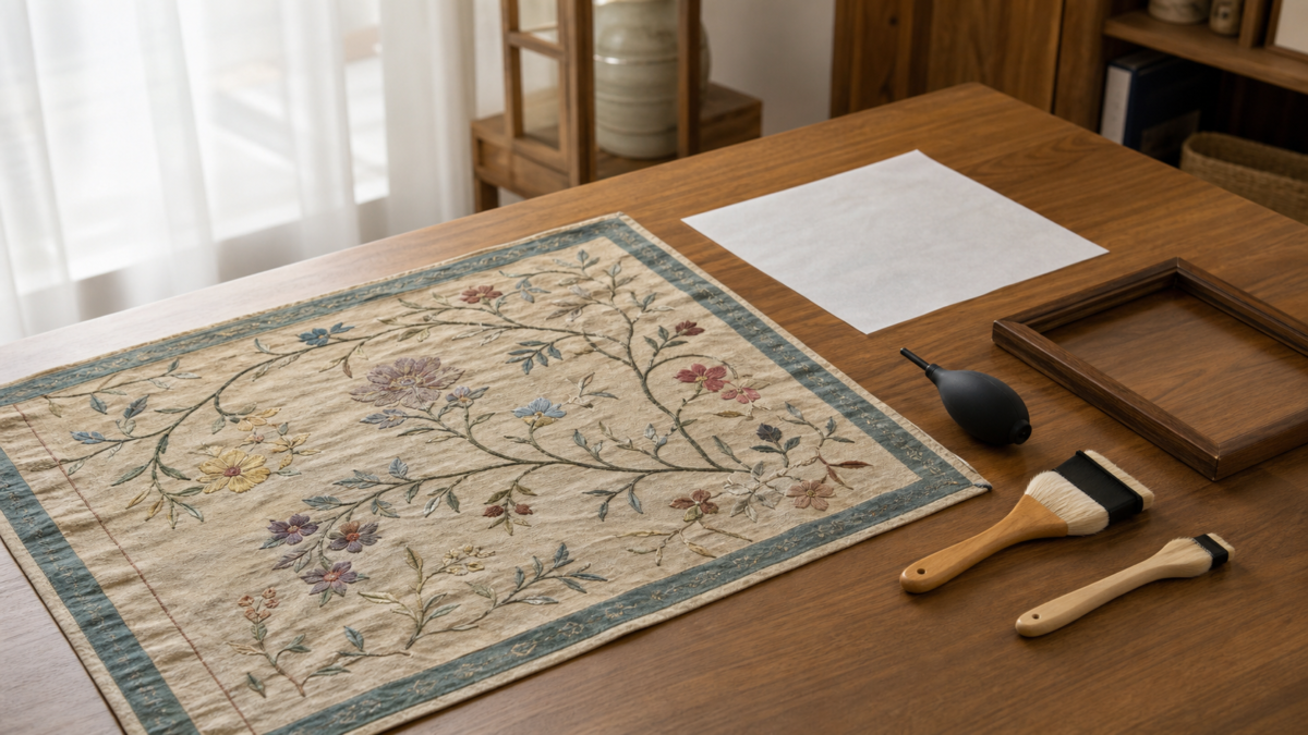 An embroidered textile laid flat beside clean soft brushes, a rubber air blower, white paper and a simple wooden frame