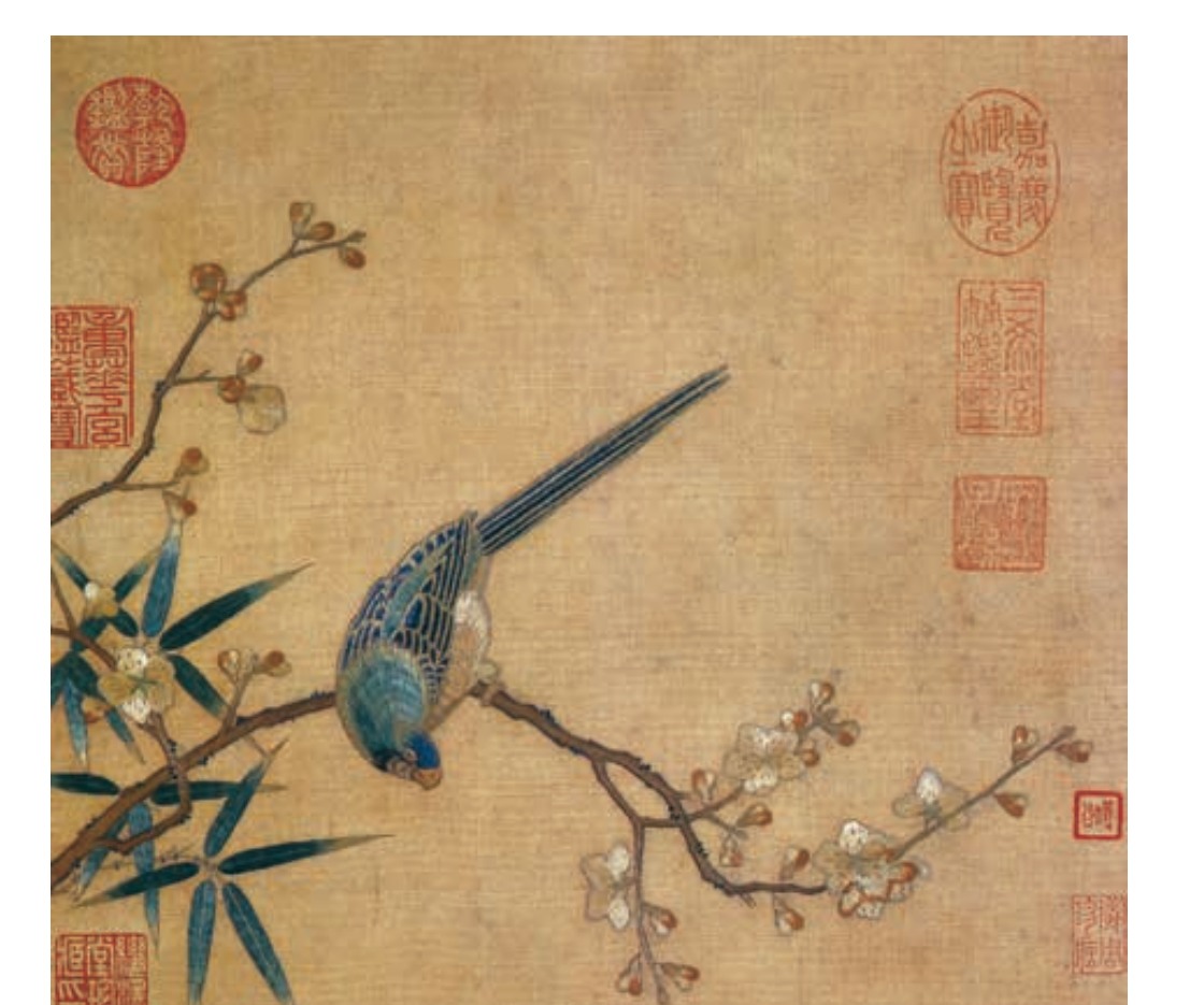 Song embroidery of a parrot among plum blossom and bamboo, surrounded by historical collector seals