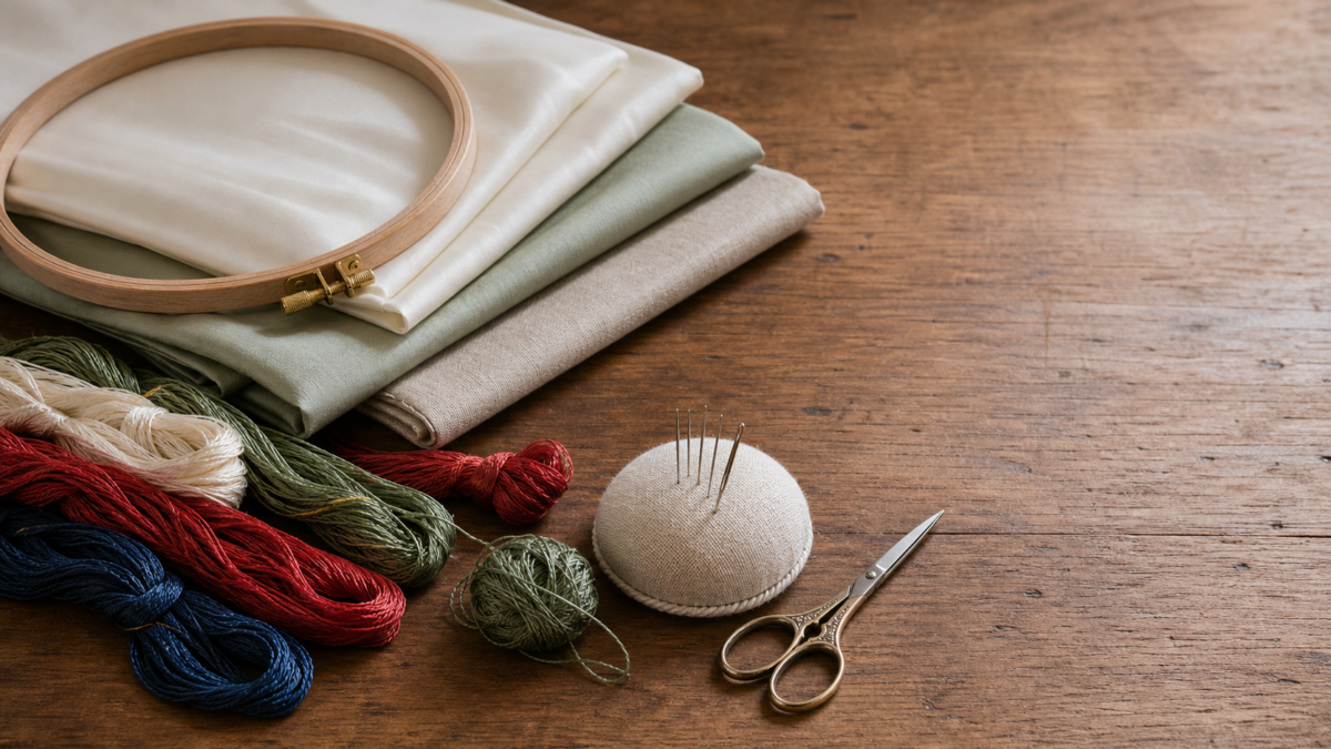 A simple Chinese embroidery setup with a wooden hoop, plain fabrics, silk and cotton threads, needles and small scissors