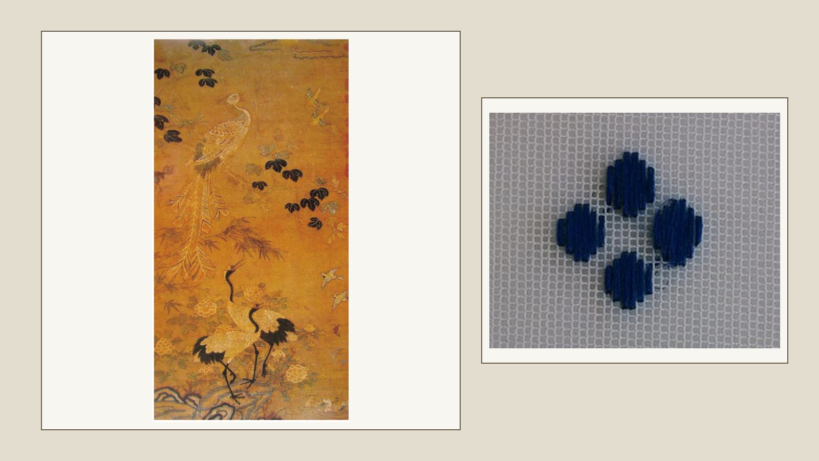 Song-dynasty chuosha embroidery beside a counted-stitch sample on silk gauze