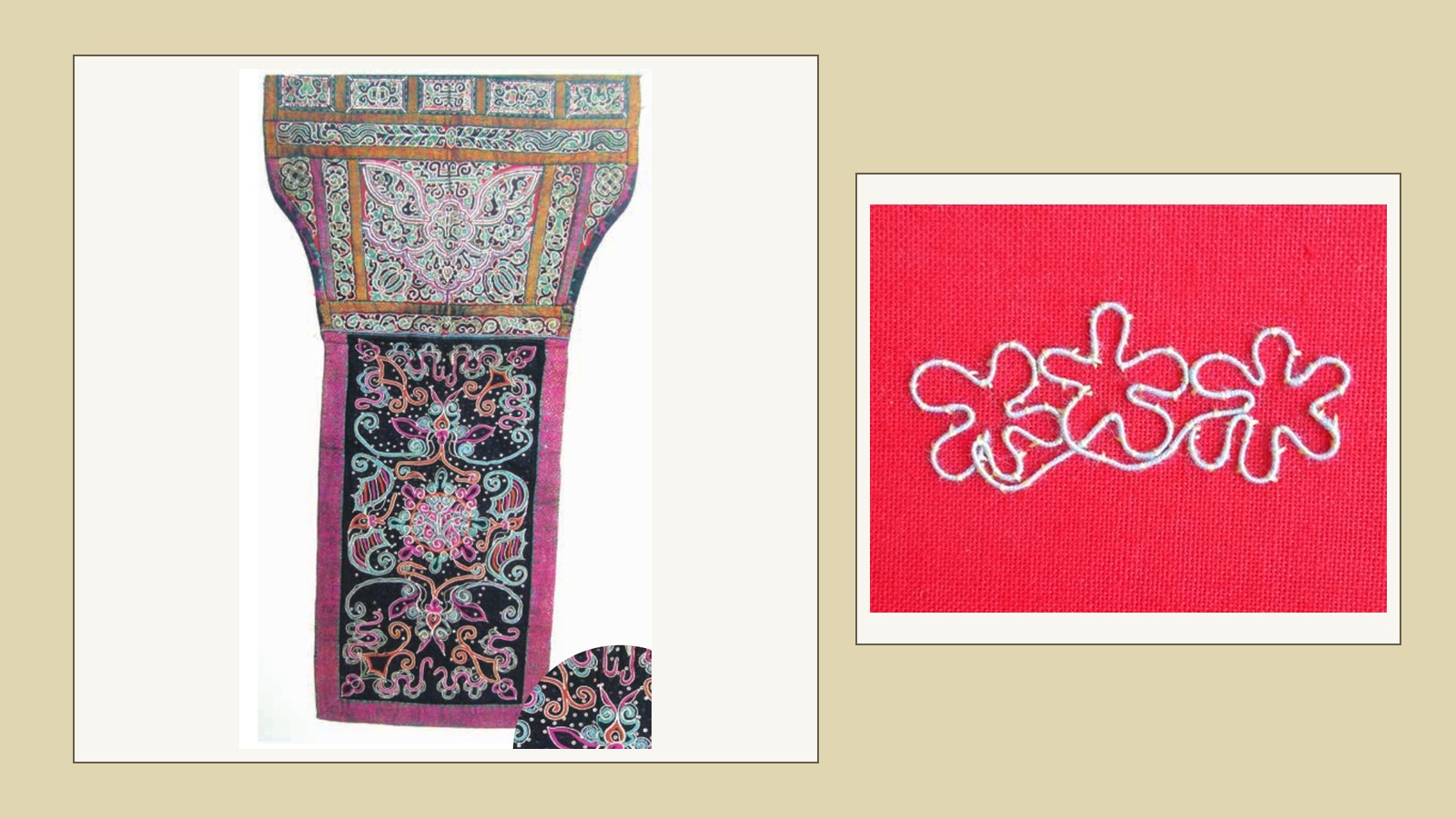 A Shui embroidered back fan beside a finished white twining-thread outline