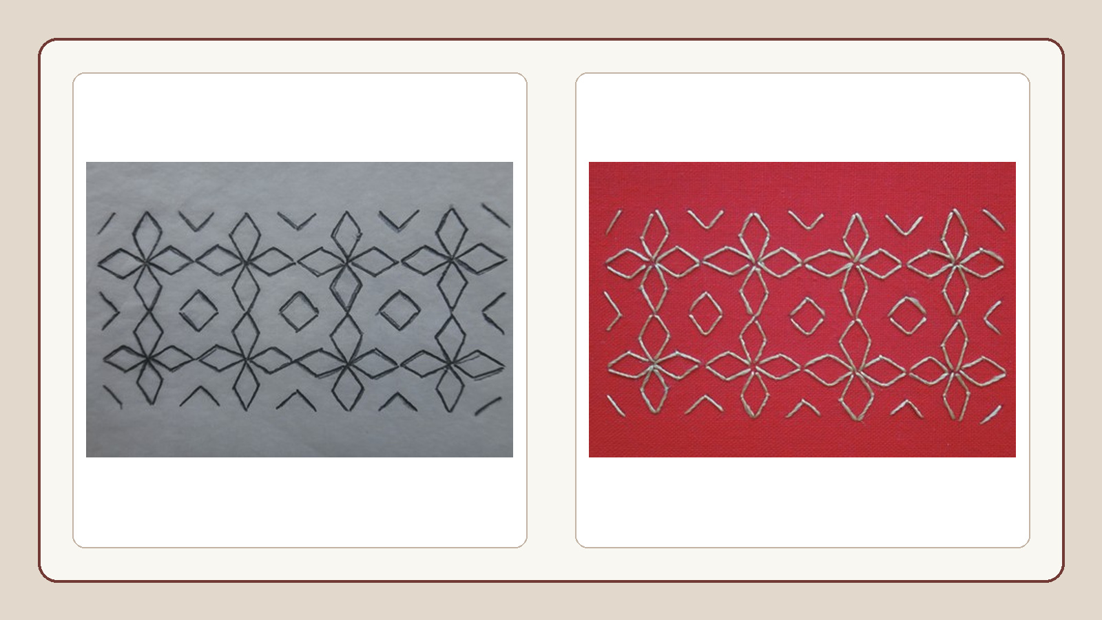 A net-stitch design drawing beside the completed geometric embroidery
