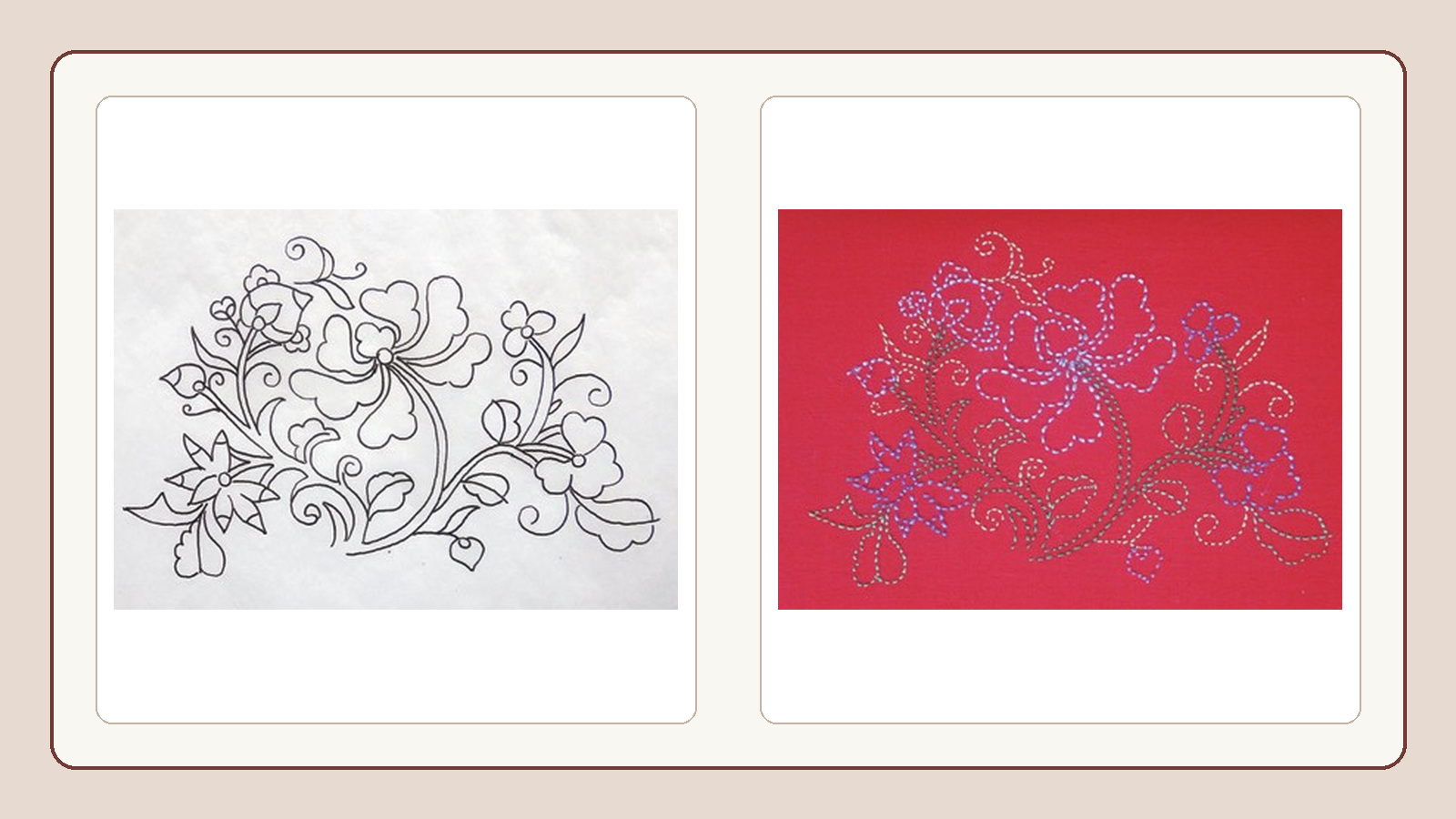A floral line drawing beside the same pattern formed by short running stitches