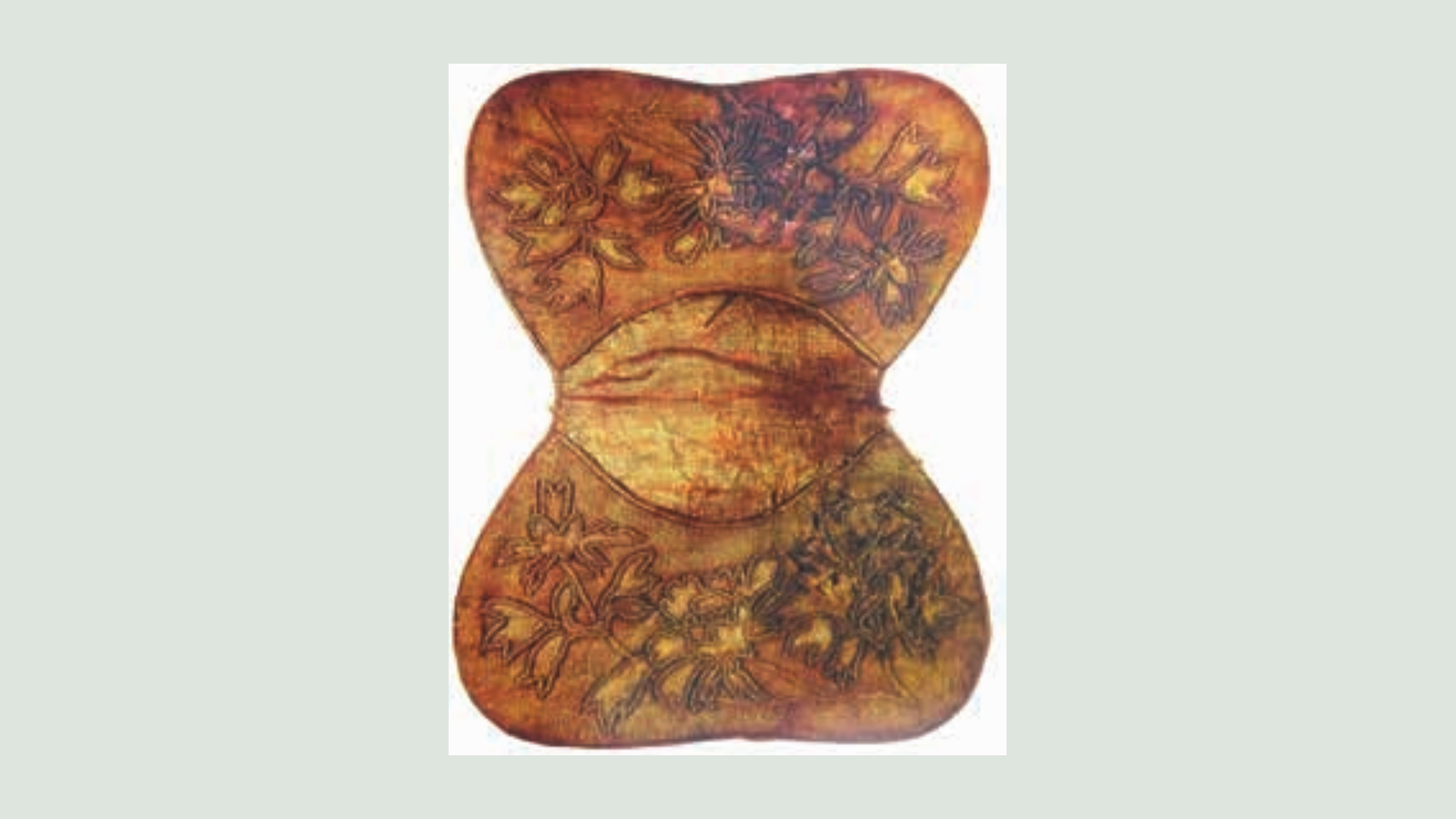 Southern Song pouch with applied floral shapes arranged across layered silk