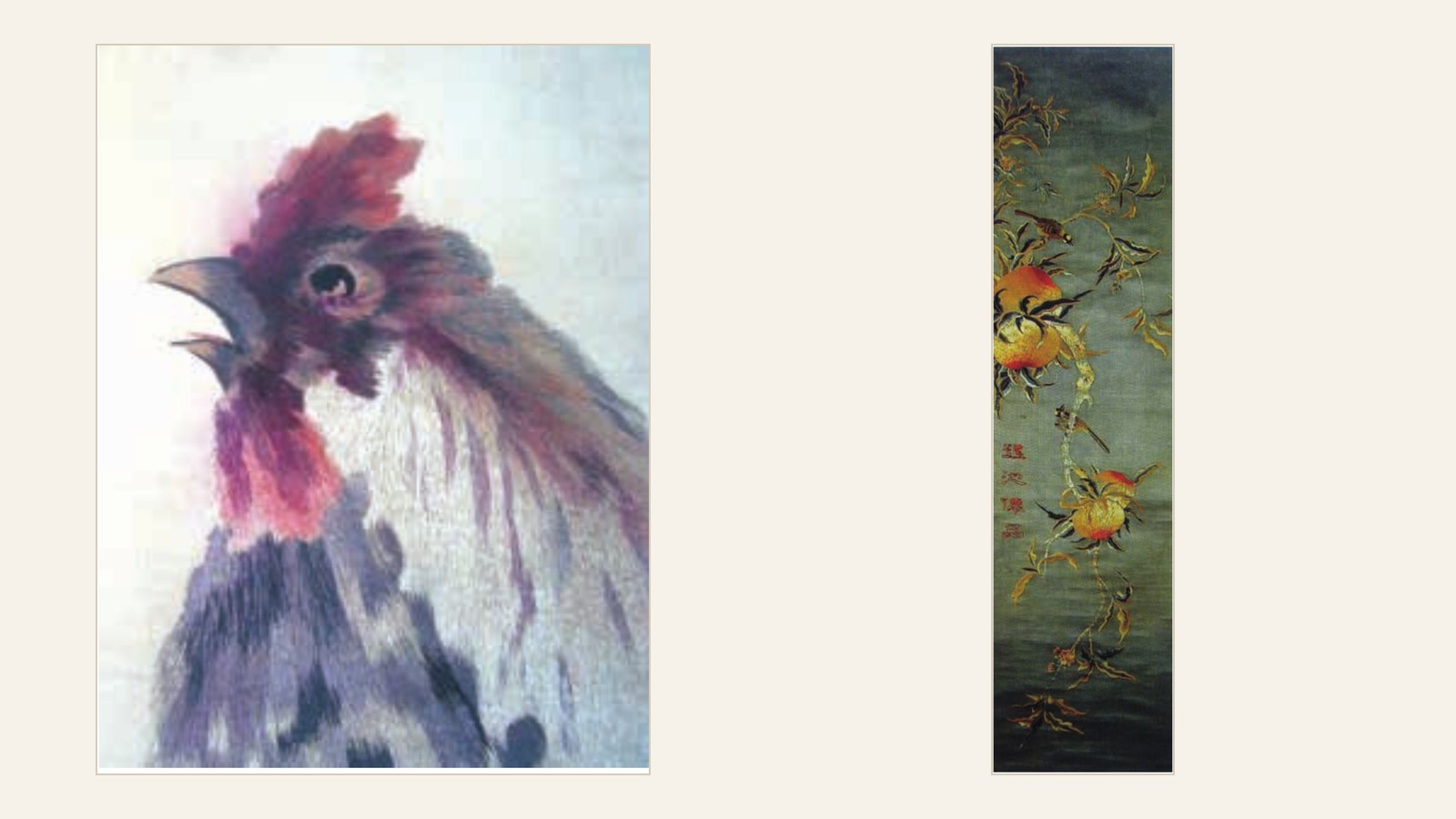 Qing-dynasty Su embroidery details showing a rooster and an auspicious pictorial hanging