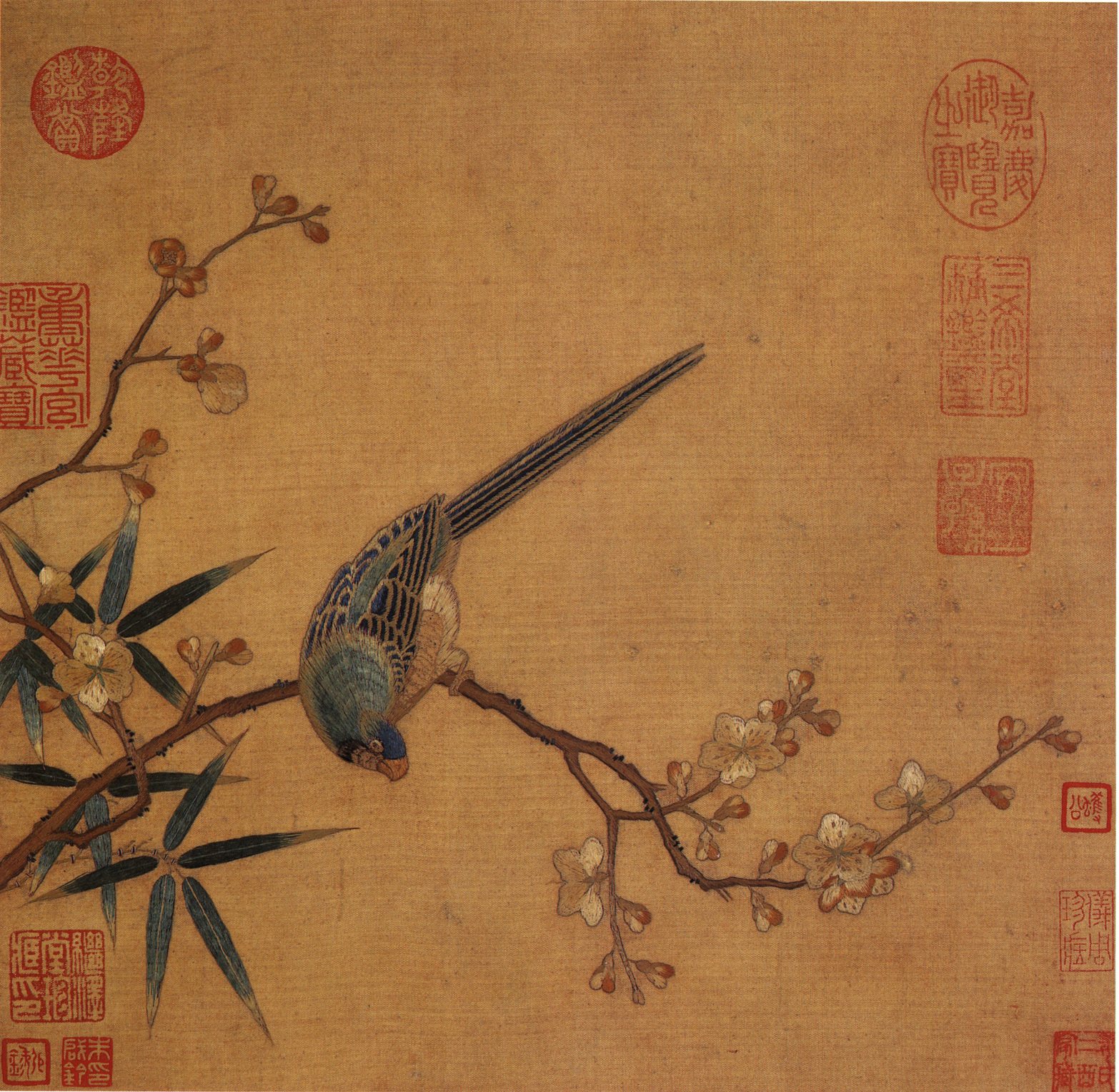 Aligned comparison view of the Song-dynasty Embroidered Parrot among Plum and Bamboo