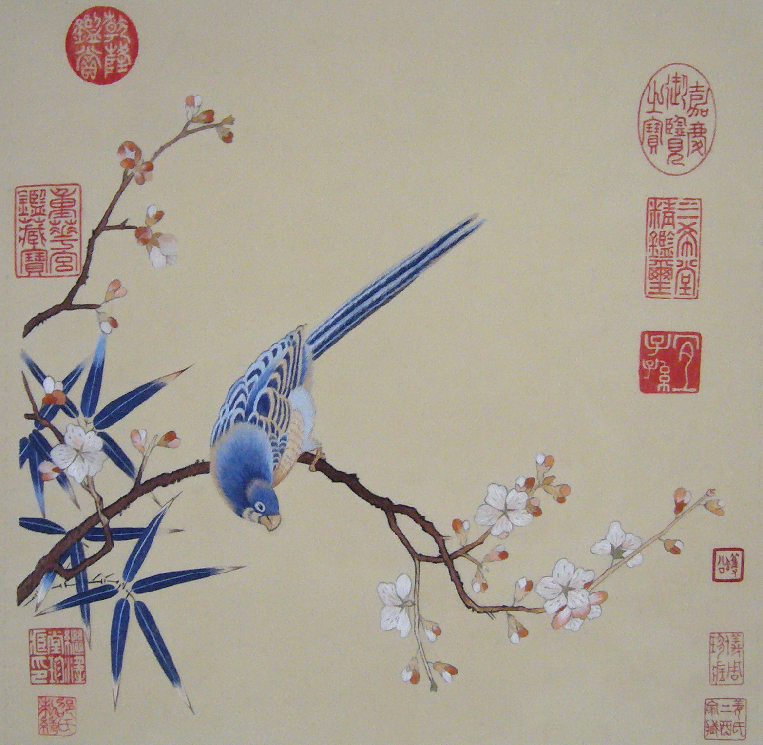 Aligned comparison view of the Chinese Embroidery Institute reproduction of Embroidered Parrot among Plum and Bamboo
