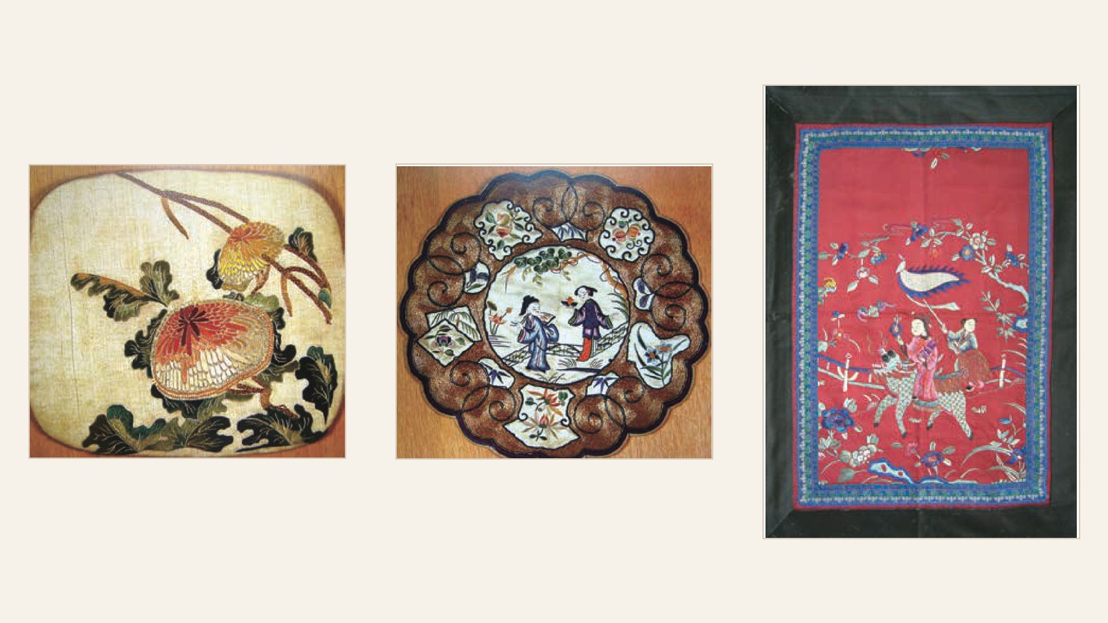 Qing-dynasty Shu embroidered pillow tops and mirror-centre