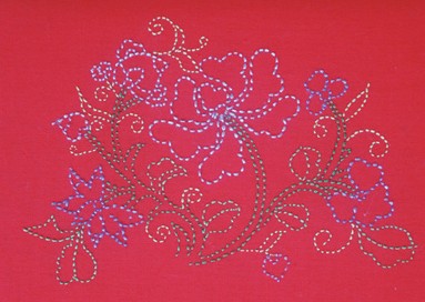 A floral pattern formed by repeated short stitches on red fabric