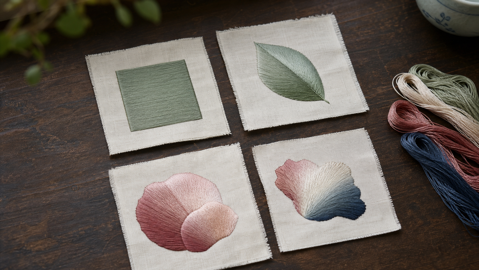 Four original silk embroidery study swatches suggesting straight, slanted, regularly shaded and softly shaded surfaces.