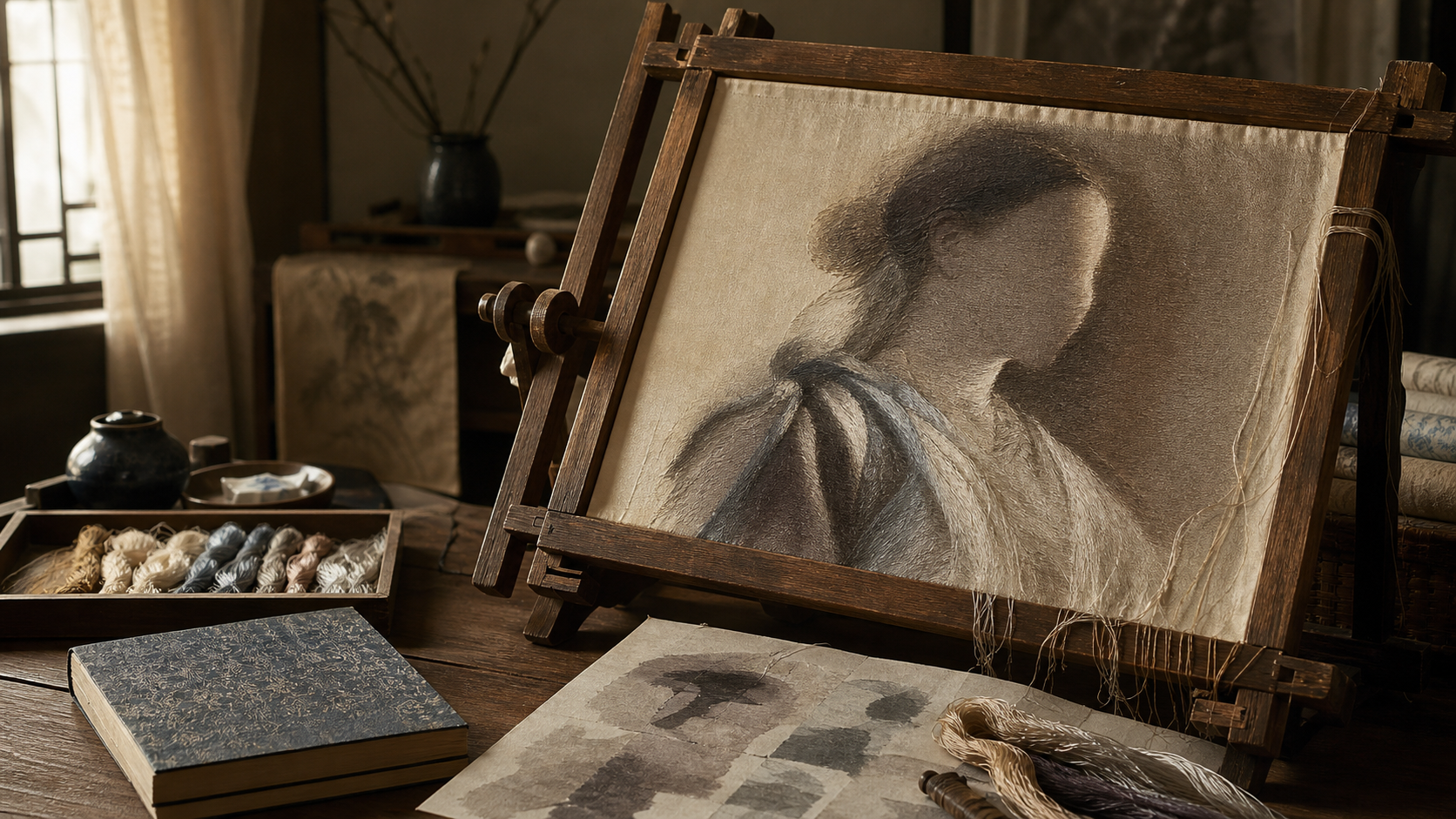 An original turn-of-the-twentieth-century embroidery studio scene with a fictional silk portrait study, threads and a closed notebook.