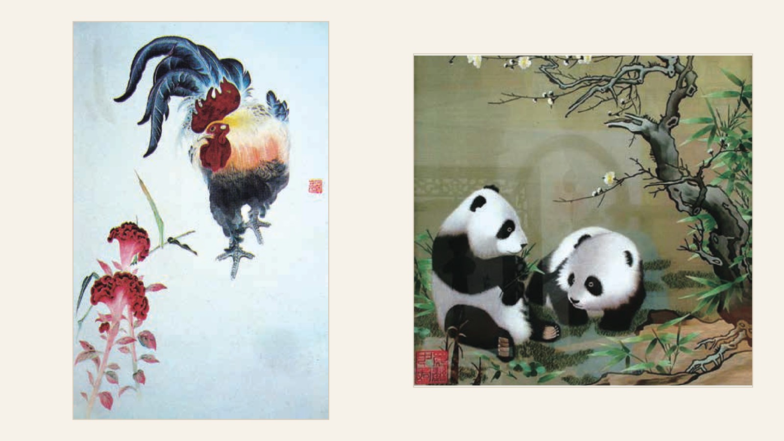 Shu embroidered rooster and pandas