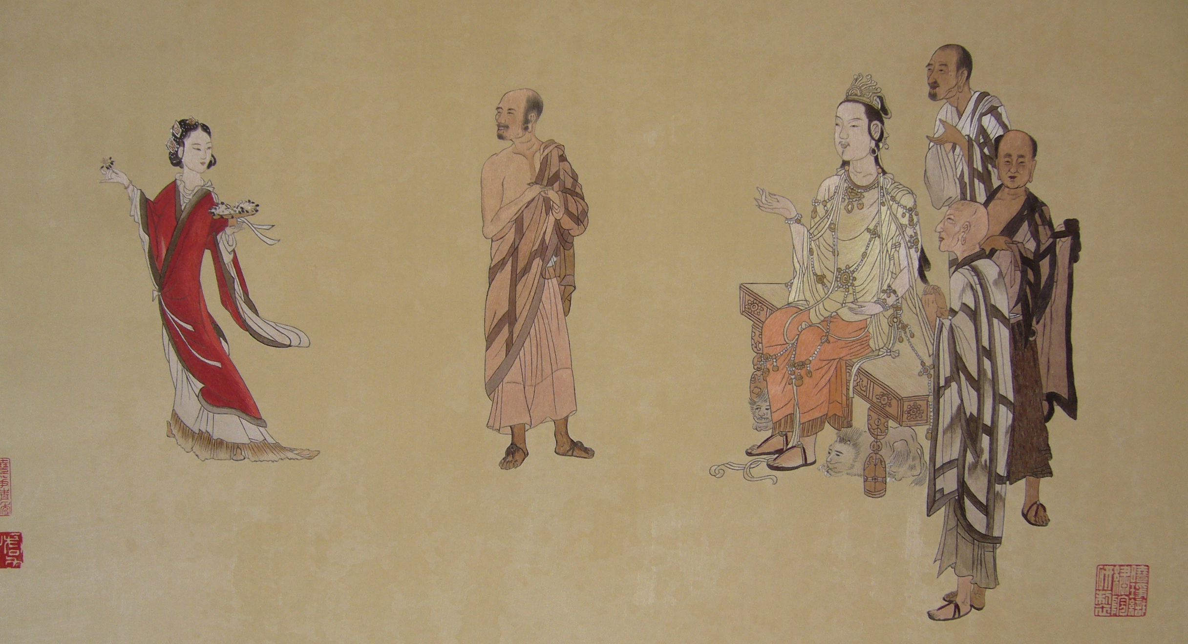 Aligned comparison view of Shao Xiaocheng's painting-to-embroidery reproduction Deva Offering Flowers