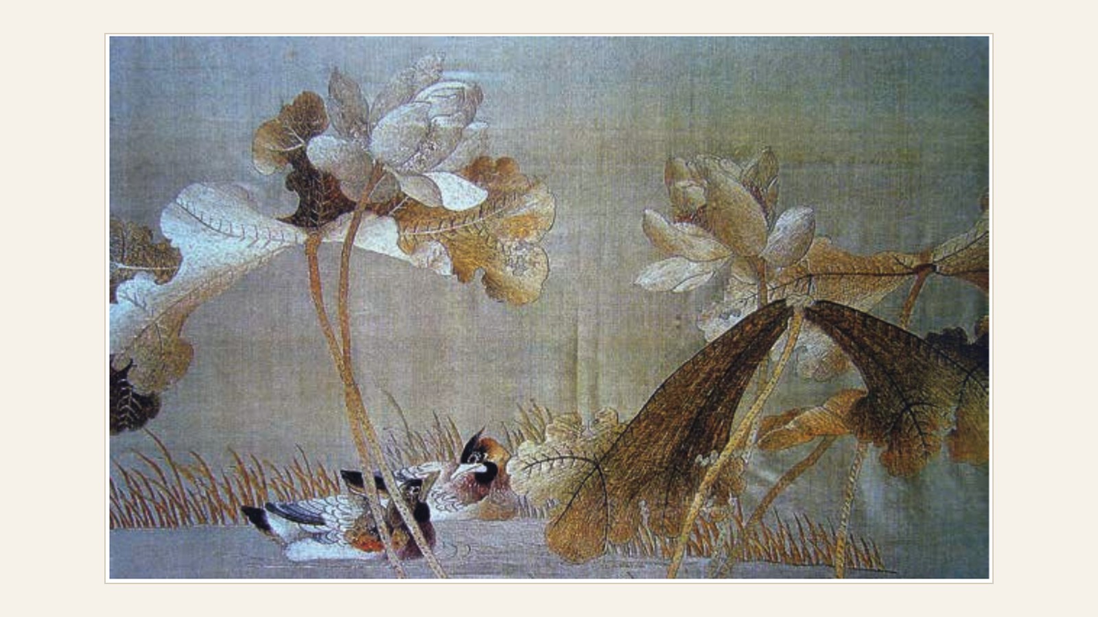 A Qing Xiang embroidery of lotus and mandarin ducks