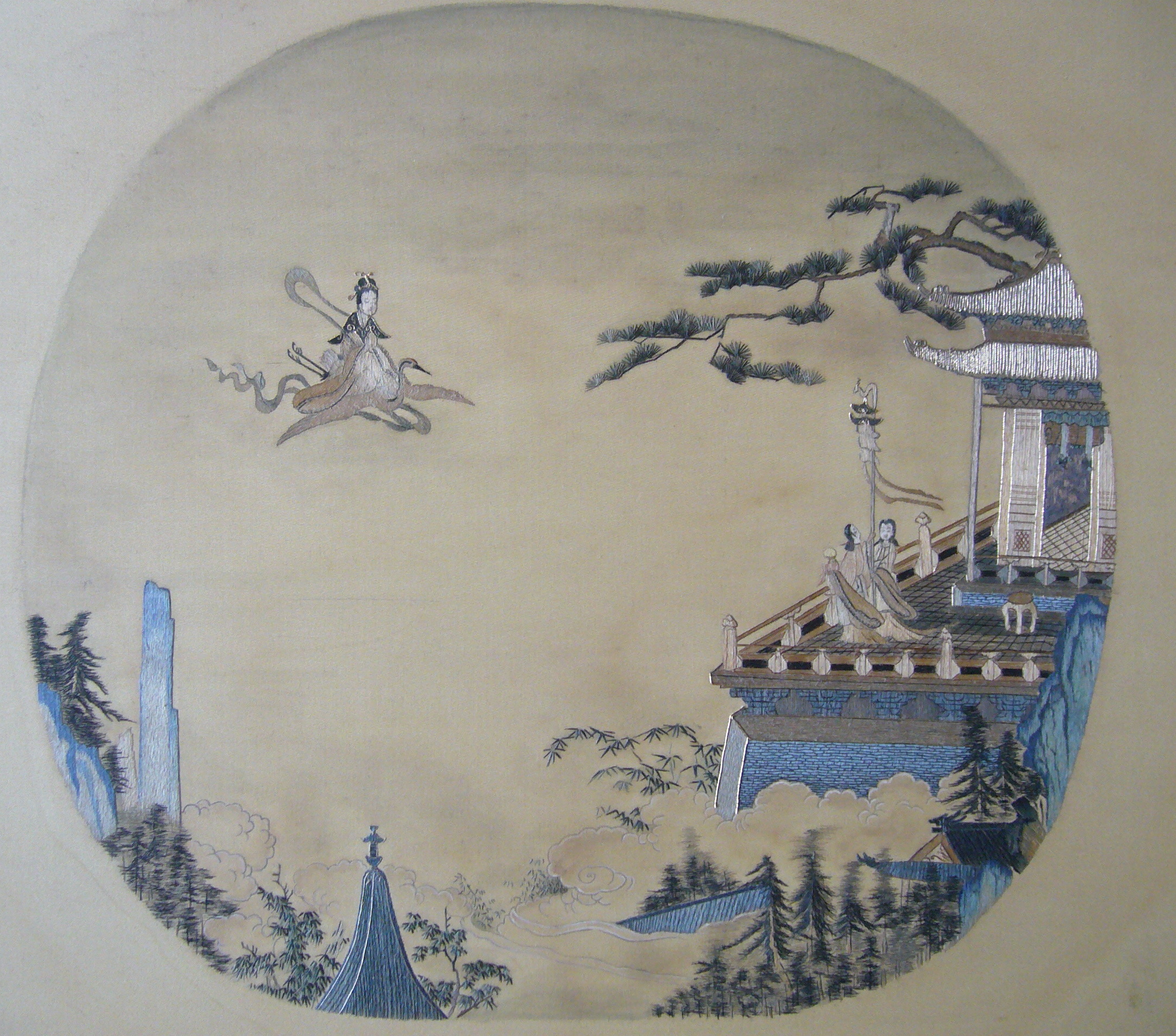 Aligned comparison view of the Chinese Embroidery Institute reproduction of Embroidered Immortal Crossing on a Crane