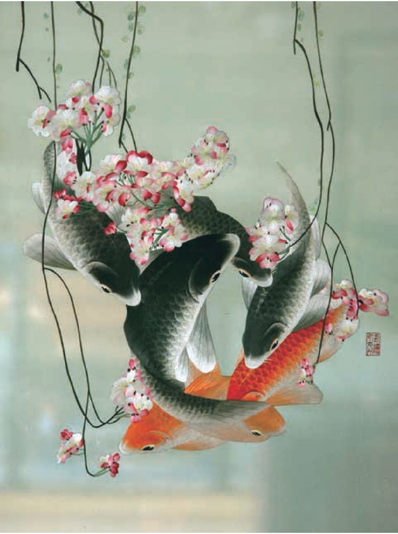Shu embroidery of black-and-white and orange carp among pink blossoms and dark stems