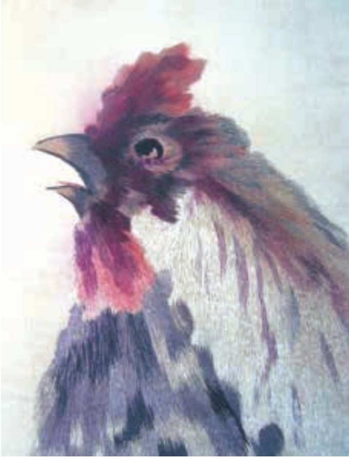 Detail of a Qing Su embroidery rooster with a pale neck, dark eye, red comb, and layered plumage
