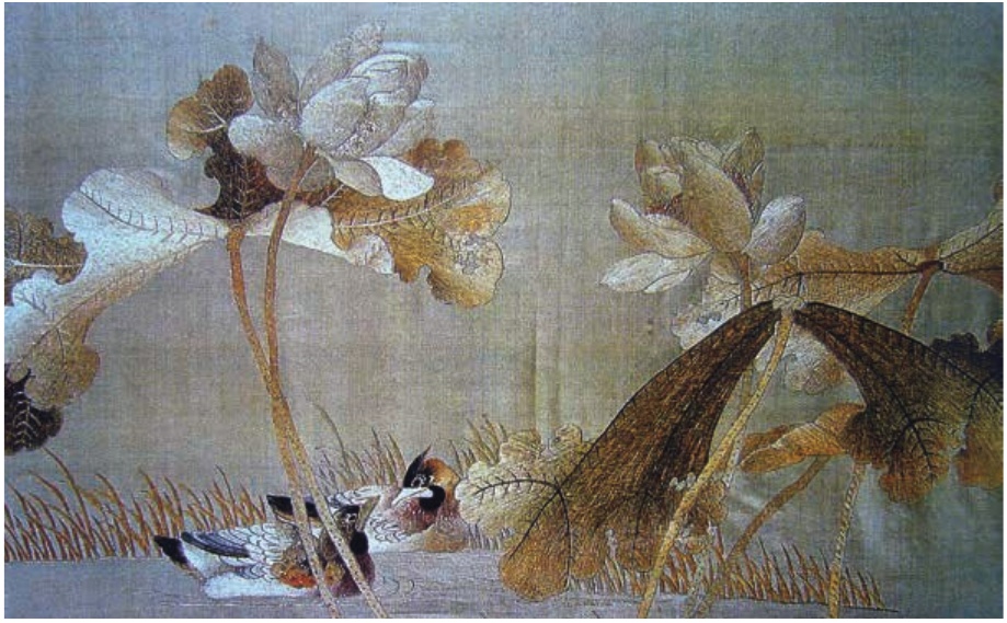 Qing Xiang embroidery of lotus, mandarin ducks, and exposed ground