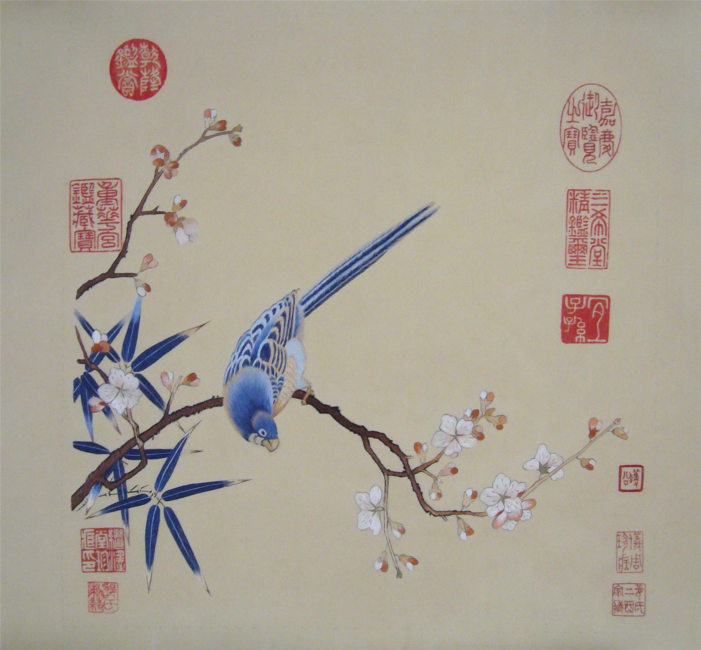 Chinese Embroidery Institute reproduction of Embroidered Parrot among Plum and Bamboo.